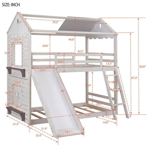 dimension image slide 1 of 2, Twin Over Twin Bunk Bed with Roof, Window, Slide & Ladder - Adventure Awaits