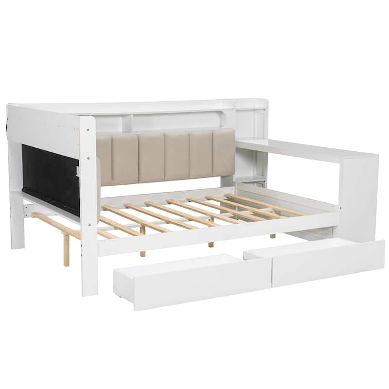 Full Daybed with Storage Shelves Built-in Charging Station LED Light, L-shape Upholstered Sofa Bed with 2 Drawers, Cabinet, Desk