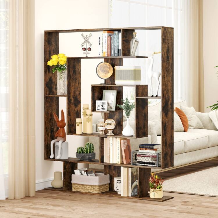 Rustic Brown 7-Tier Engineered Wood Bookshelf Modern Geometric Display Shelf with High Load Capacity - 49.5" x 8.5" x 59"