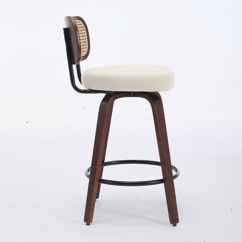 Set of 2 Counter Height Bar Stools, Swivel Counter Stools with Walnut Frame, Rattan Weave Back and PU Leather Padded Seat