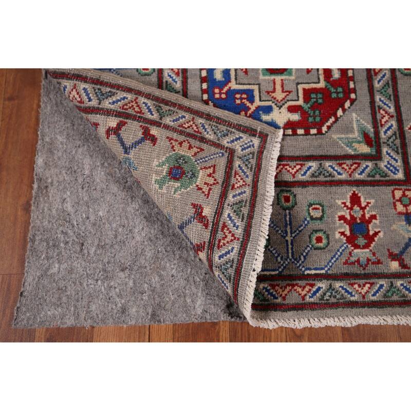 Gray Geometric Kazak Runner Rug Hand-Knotted Wool Carpet - 2'9" x 12'8"