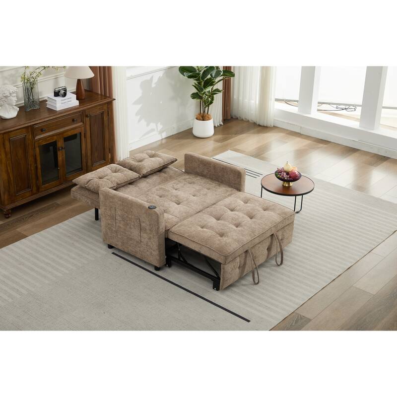Pull-Out Sofa Bed Daybed, Lounge Chaise Loveseat with Adjustable Backrest, Convertible Sleeper Sofa with USB Charging - Camel