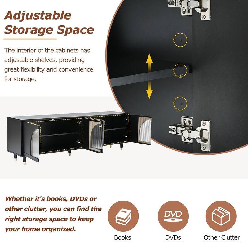 Retro Design TV Stand with Fluted Glass Doors and Adjustable Shelves for TVs Up to 78''