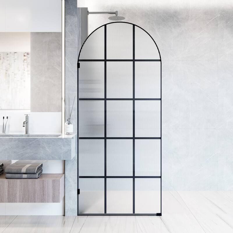 VIGO Arden 34" W x 78" H Framed Fixed Shower Screen in Matte Black - Fluted Glass