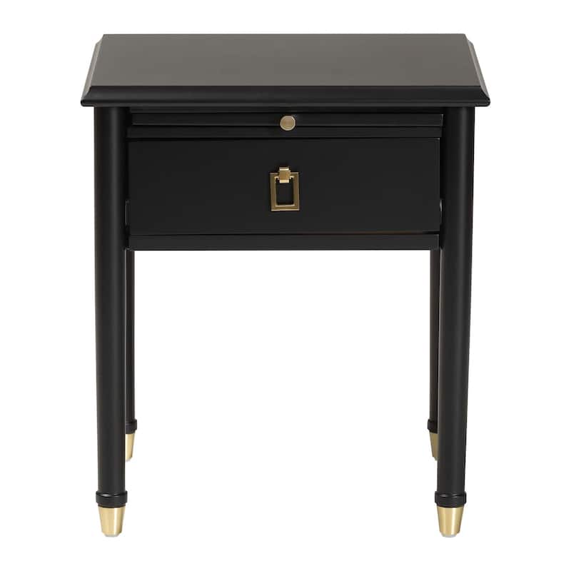 Tamra Black Wood Nightstand with Pullout Shelf - Modern Transitional Bedside Table with Metallic Accents