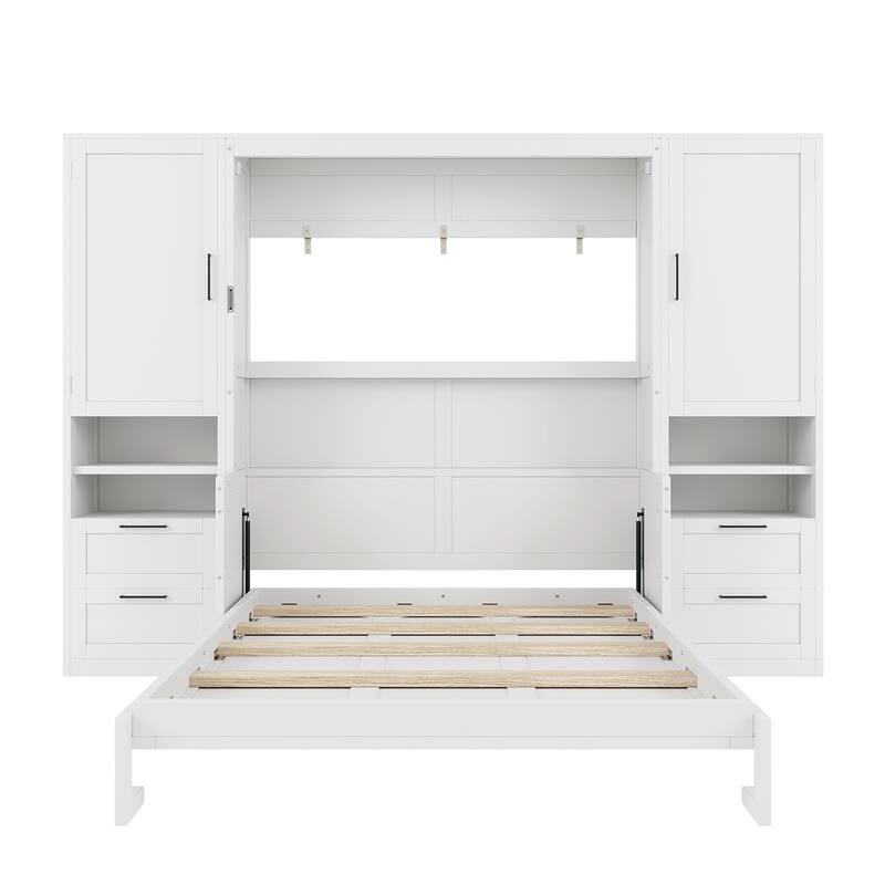 Queen Size Wall Bed with Closet, Drawers, and Shelves in White