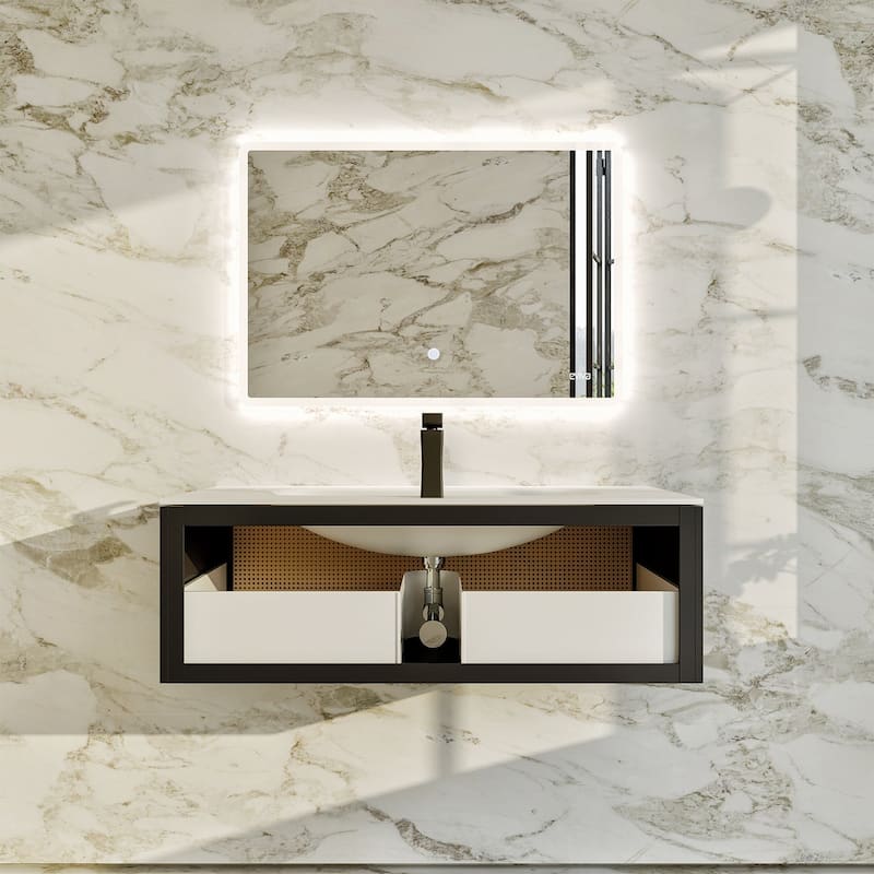 Nets 44 in. Natural Oak/Black SS Bath Vanity with Solid Surface Top