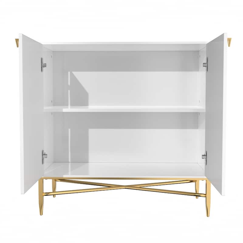 Gloss Door Cabinet-Gold Spindle Legs And Triangular Handles 2 Door White Locker Accent Cabinet