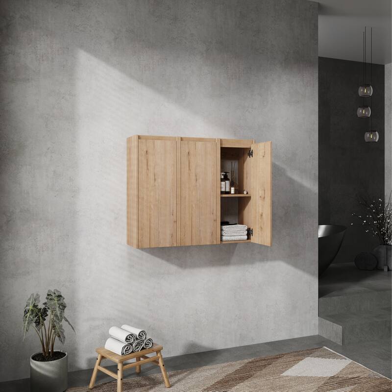 Modern Wall-Mounted Bathroom Side Cabinet with Soft-Close Doors, Floating Design, 6 Storage Compartments, 12-Inch Width - 35.46X29.5 in 12"Imitative Oak -SC00112*3 - Imitative Oak + Plywood