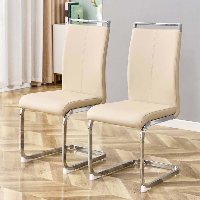 Modern Upholstered High Back Dining Chairs with C-Shaped Metal Legs - Beige+Silver - Set of 2