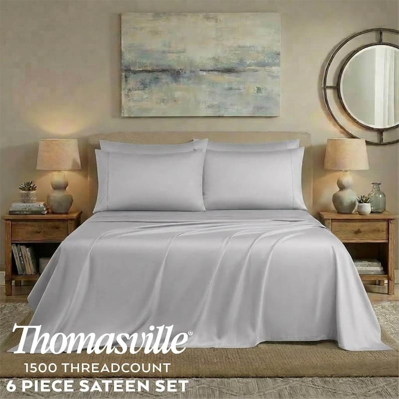 Thomasville 1500 Thread Count Light Grey 6 Piece Premium Cotton Rich Sateen Sheet Set