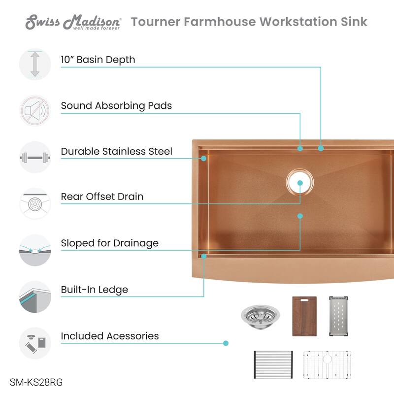 Tourner 33 x 22 Stainless Steel, Single Basin, Farmhouse Kitchen Workstation Sink with Apron