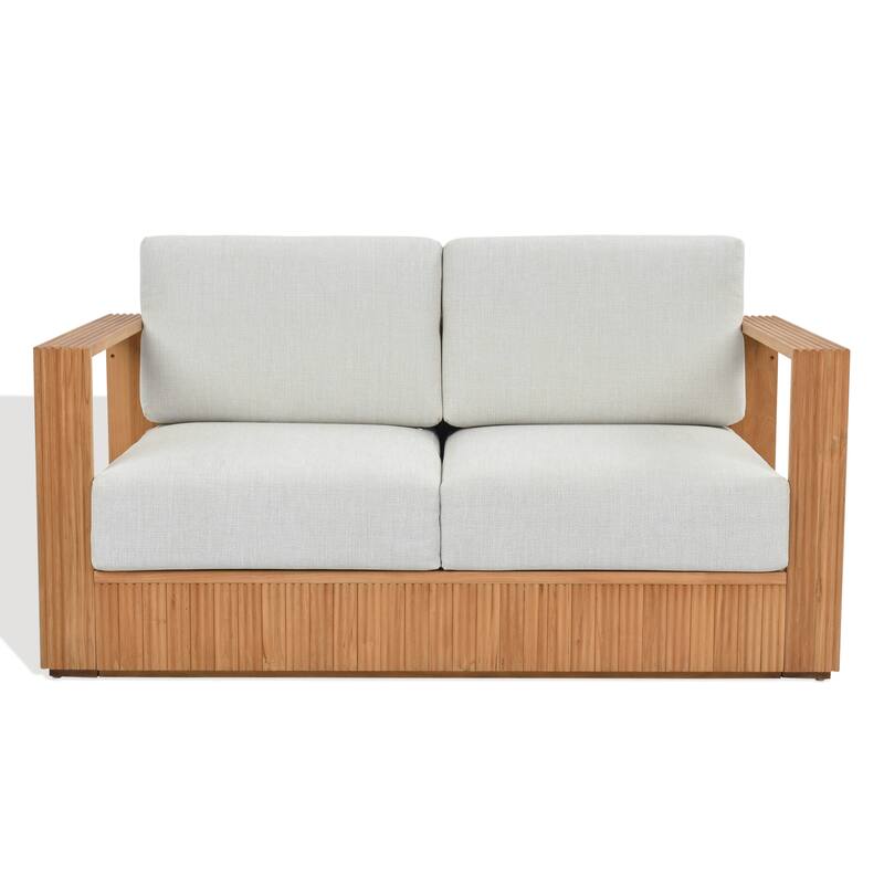 SAFAVIEH Couture Saint Lucia Reeded Teak Wood Patio Loveseat