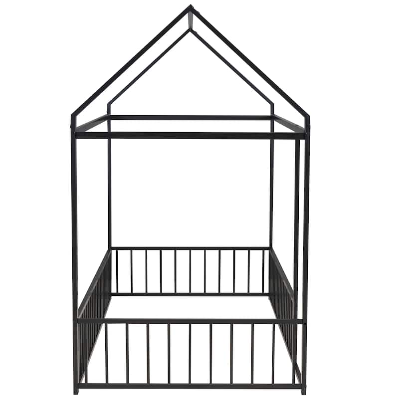 Twin Size Metal Bed House Bed Frame with Fence, for Kids, Teens, Girls, Boys