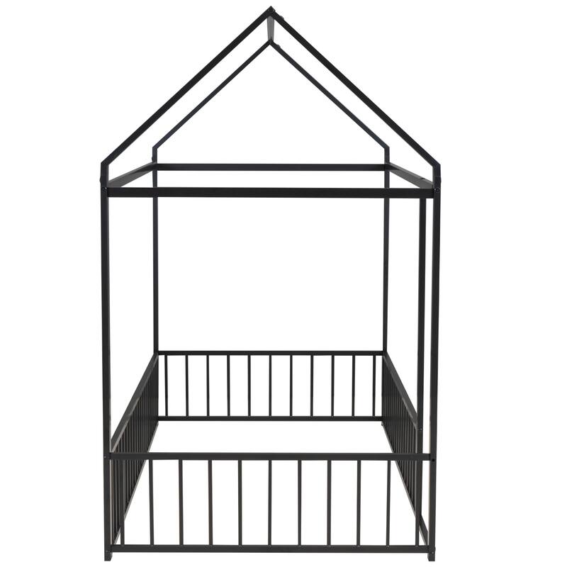 Twin Size Metal Bed House Bed Frame with Roof & Safety Guard Fence for