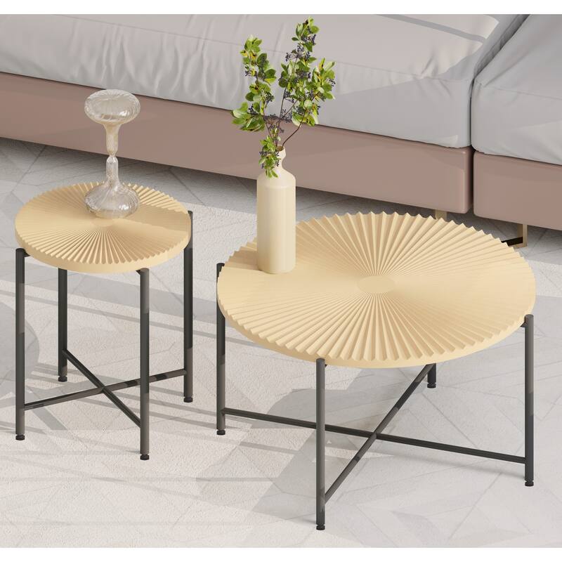 2-Piece Coffee and End Table Set - Waterproof MDF with PVC Cover, Distressed Cylindrical Design