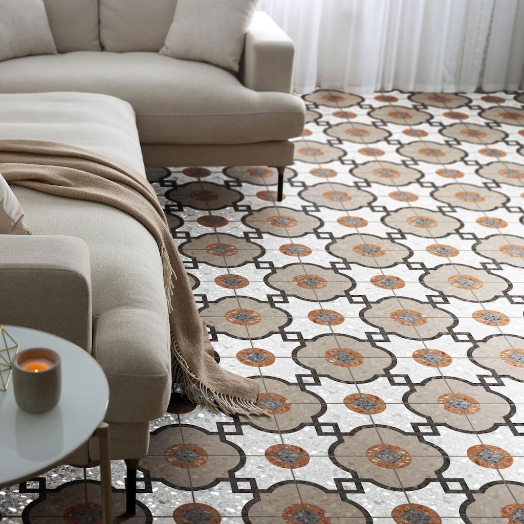 Merola Tile Riviera Octagon Grimaud Multicolor with Taco Nero 7-7/8" x 7-7/8" Porcelain Floor and Wall Tile