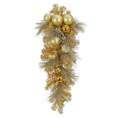 National Tree Company 3 ft. Christmas Be Merry Decorated Gold Teardrop, 35 Warm White LED Lights-Battery Operated with Remote Co