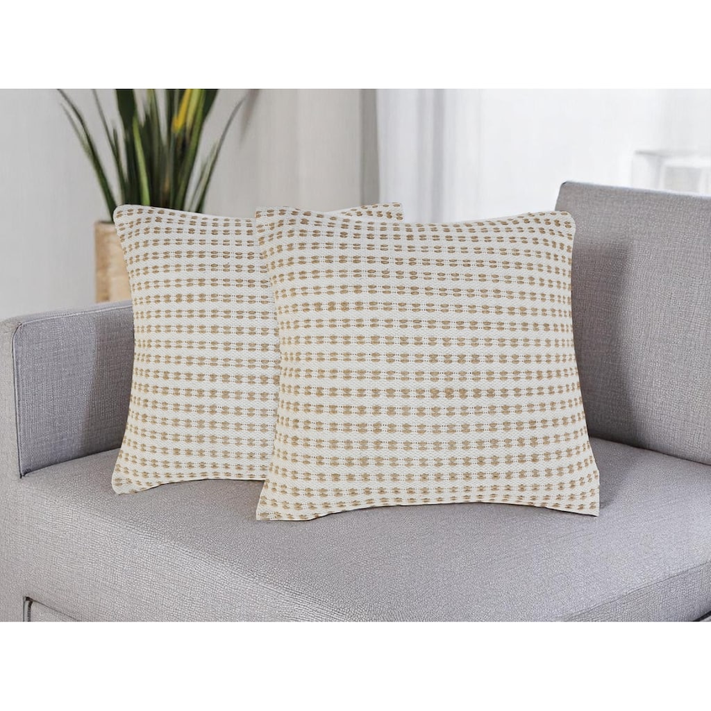 Set of Two 20" Ivory And Natural Striped Cotton And Jute Throw Pillows