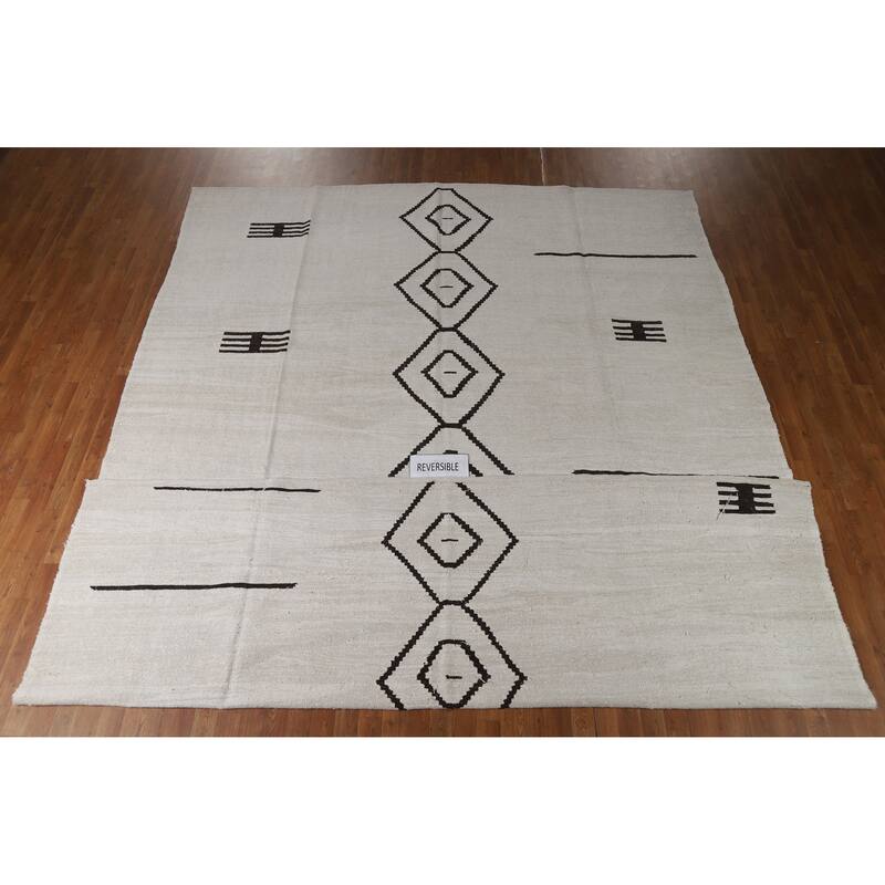 Hand Woven Oriental Cotton Carpet Southwestern Tribal Beige & Ivories Kilim Area Rug - 13' 3'' X 9' 11''