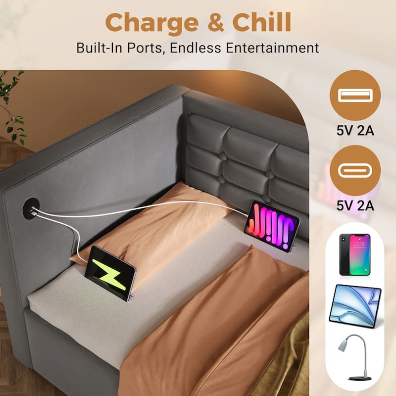 Velvet Tufted Upholstered Daybed Hydraulic Storage Twin Bed Frame with USB & Type-C Charging, Side Pockets and Wooden Slats
