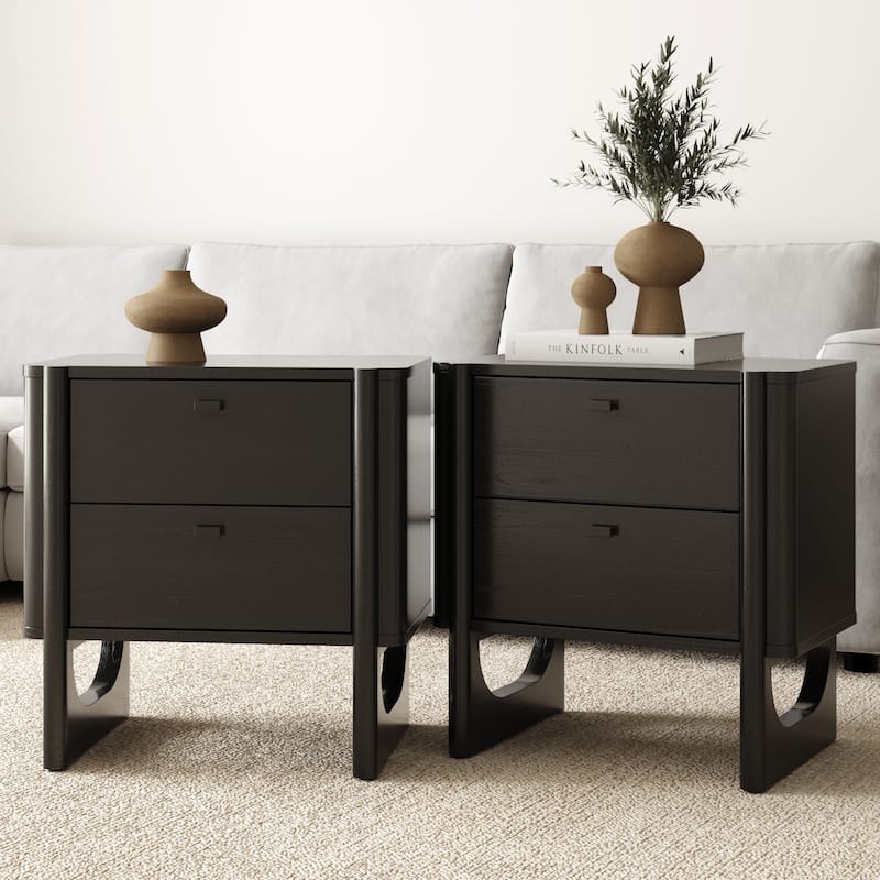 Solace Mid Century Modern 2-Drawer Nightstand with Solid Wood Frame and Rounded Details - Black - Set of 2