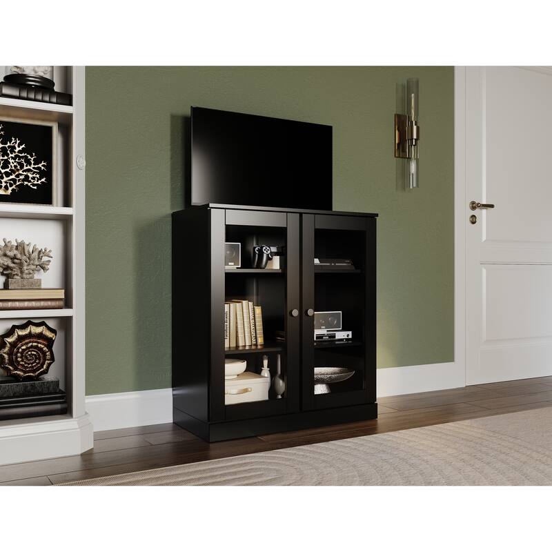 Palace Imports 100% Solid Wood TV Stand with Clear Glass Doors for TVs up to 32" - Black