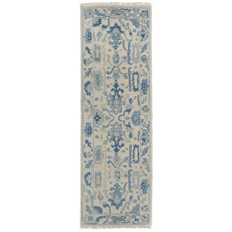 Grand Bazaar Larson Hand Knotted Floral & Botanical Transitional Area Rug - 2'6" x 8' - Ivory/Blue