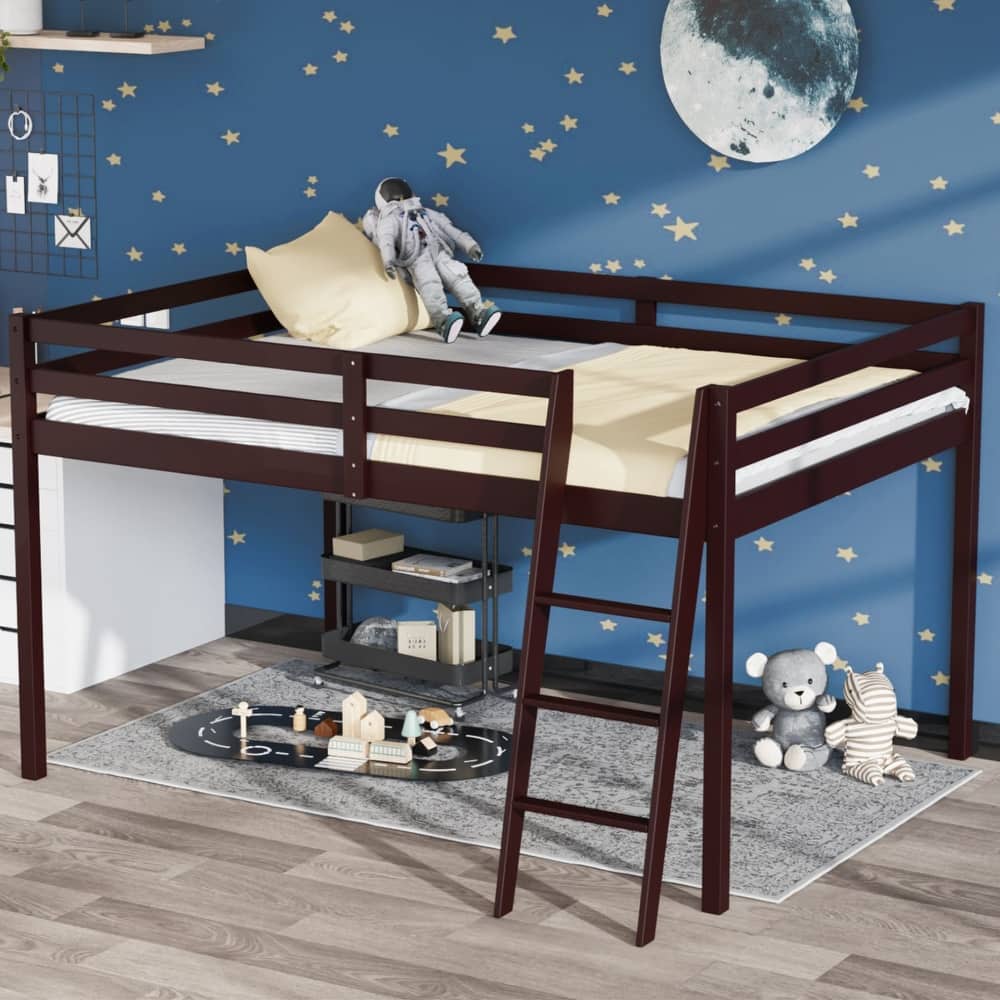 Espresso Wood Junior Loft Bed with Stairs for Adults, Kids and Young Teens