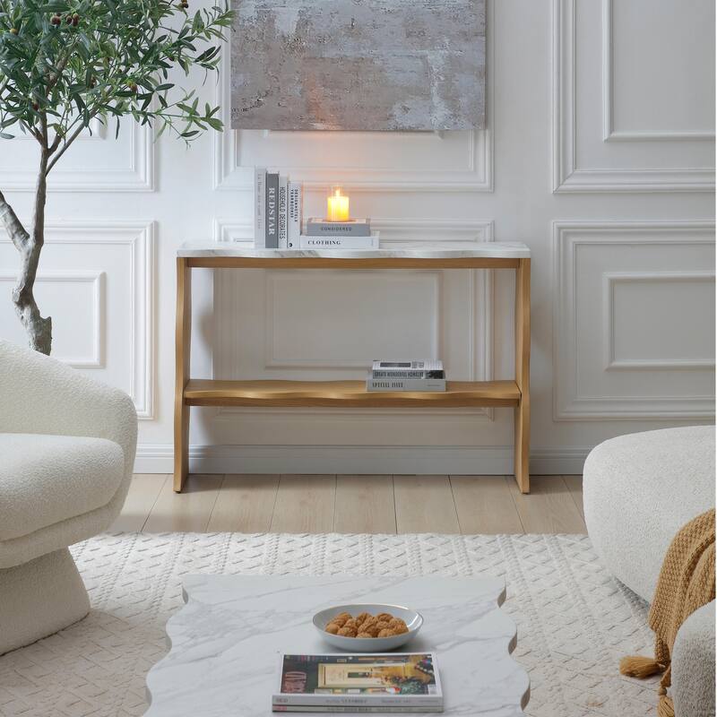 Modern Marble-Pattern Console Table Sofa Table Entryway Table with Open Storage Shelf, for Living Room, Natural Wood