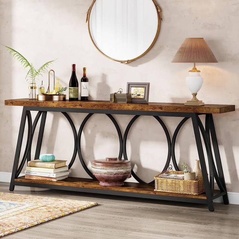 Wood Top Particleboard Steel Console Table with Shelf - 70.87” L x 31.50” H x 11.81” D
