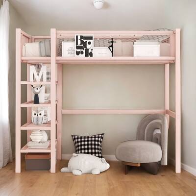 Artsy Twin Size Metal Loft Bed with 4-Tier Shelves and Storage, Pink
