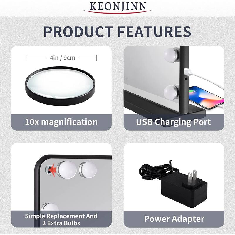 Hollywood Makeup Vanity Mirror with Replaceable LED Bulbs, USB Charging Port 10X Magnification, Tabletop Wall-Mounted