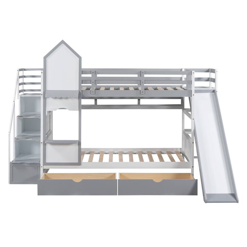 Twin-Over-Twin Castle Style Bunk Bed with Drawers,Shelves,Slide