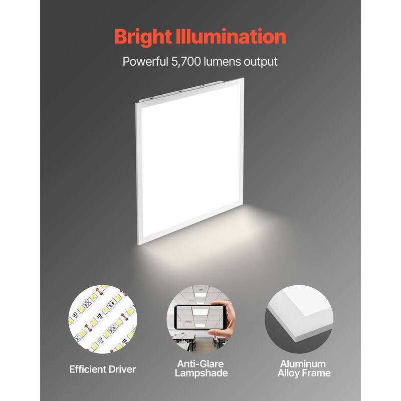 LED Flat Panel Light, 2x2 FT, 5700 LM, Dimmable for Kitchen - 24" x 24" x 1.32"