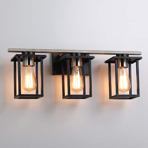 24.4 in. 3-Light Matt Black/Wood Tone Rustic Farmhouse Bathroom Vanity Light with Open Cage Shades