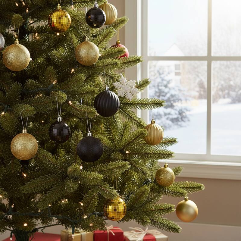100ct Black and Gold Shatterproof 3-Finish Christmas Ornaments 2.5"