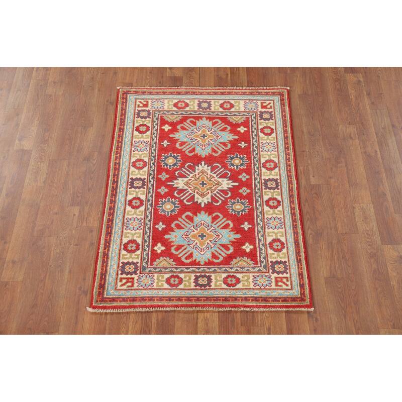 Red Kazak Foyer Rug Handmade Geometric Wool Carpet - 2'9" x 3'10"
