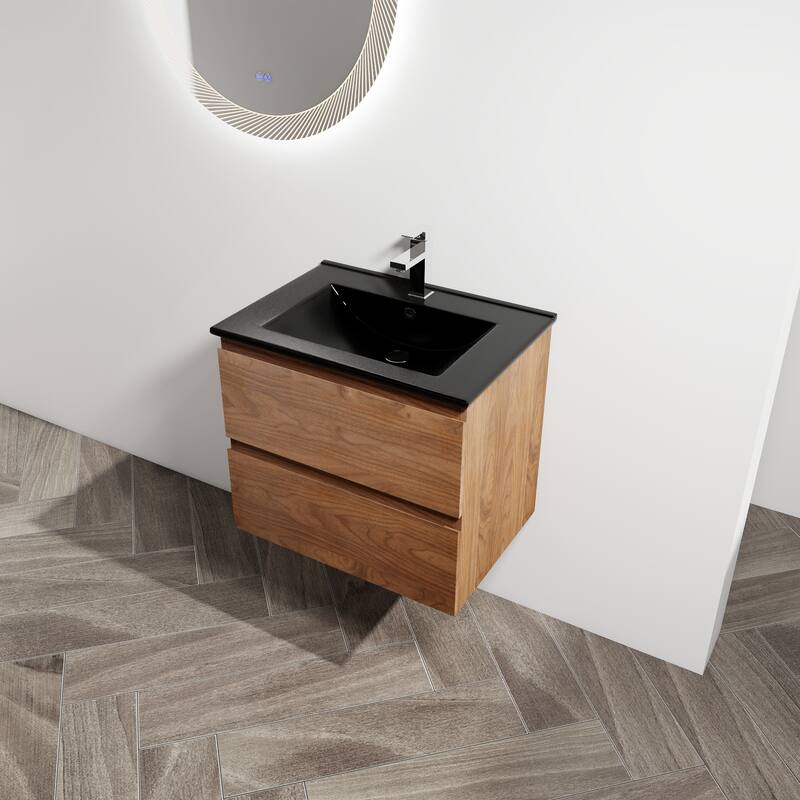 Modern 24" Floating Bathroom Vanity with Black Ceramic Basin, Soft-Close Drawers, Water-Resistant Melamine Surface