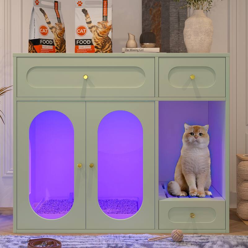 Cat Litter Box Enclosure with LED Light, Hidden Litter Box Furniture with Storage Drawers, Indoor Pet House with Acrylic Doors