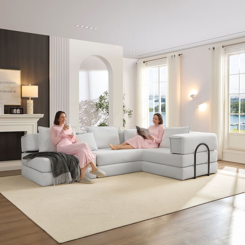 DIY Modular Corduroy L-Shaped Floor Sofa Set with 6 Pillows