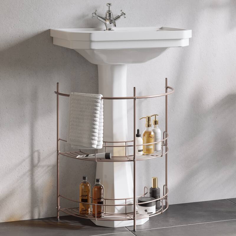Pedestal Sink Organizer - Compact Under Sink Rack with 2 Storage Shelves and Towel Holder by Lavish Home - Bronze