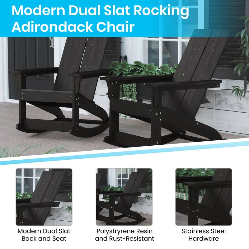 2 Modern Dual Slat Poly Resin Adirondack Rocking Chairs with Side Table