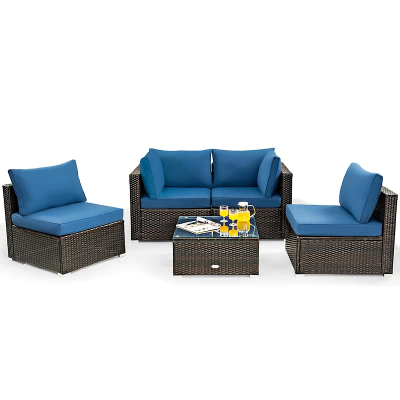 5 Pieces Patio Furniture Set Rattan Outdoor Sectional Conversation Set - Navy