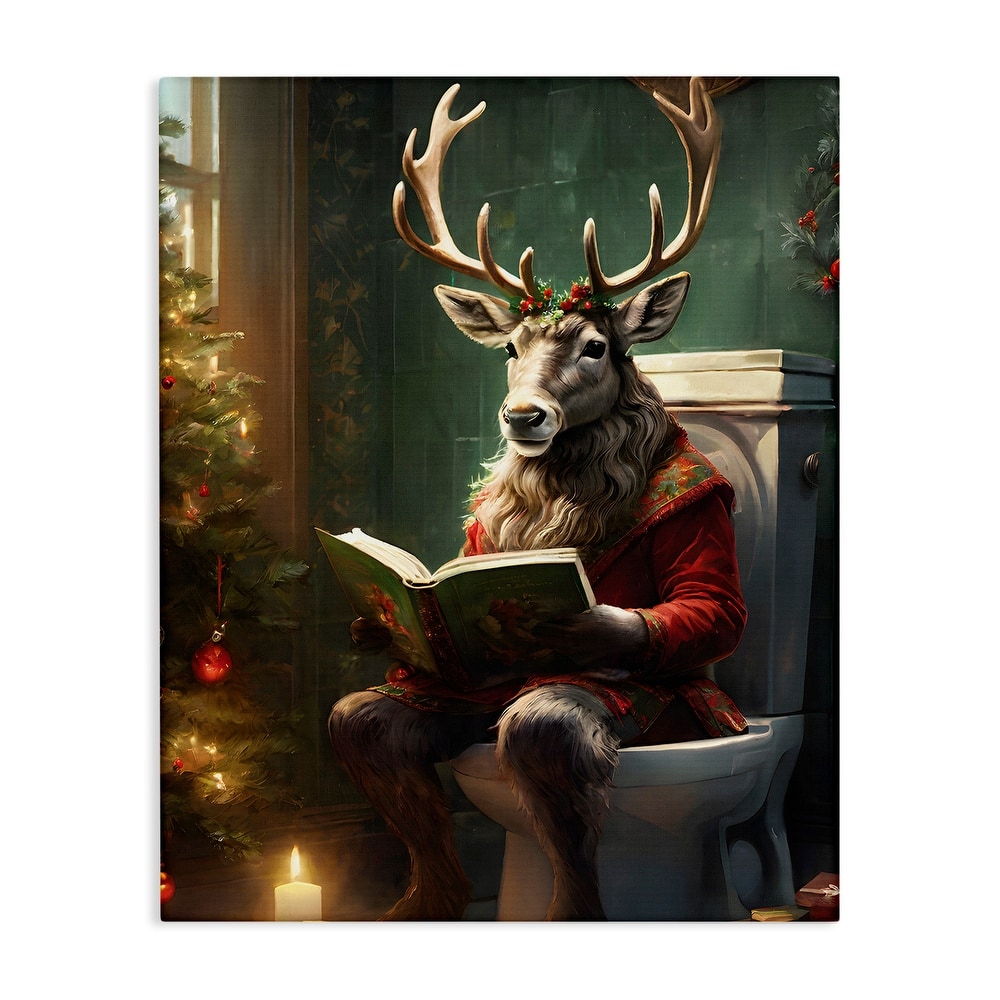 Stupell Reindeer in Festive Bathroom Canvas Wall Art Design By Jo Moulton