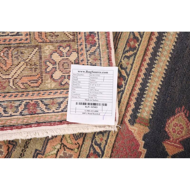 Anatolian Turkish Vintage Runner Rug Handmade Wool Carpet - 3'2" X 8'10"