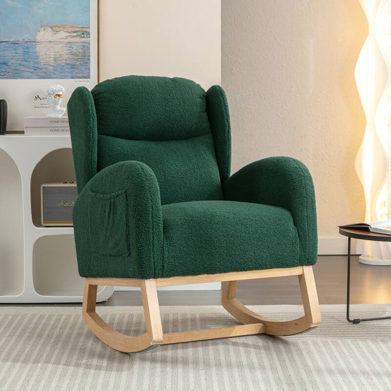 Modern Teddy Fabric Home Rocking Chair with Wood Leg, Tufted High Back