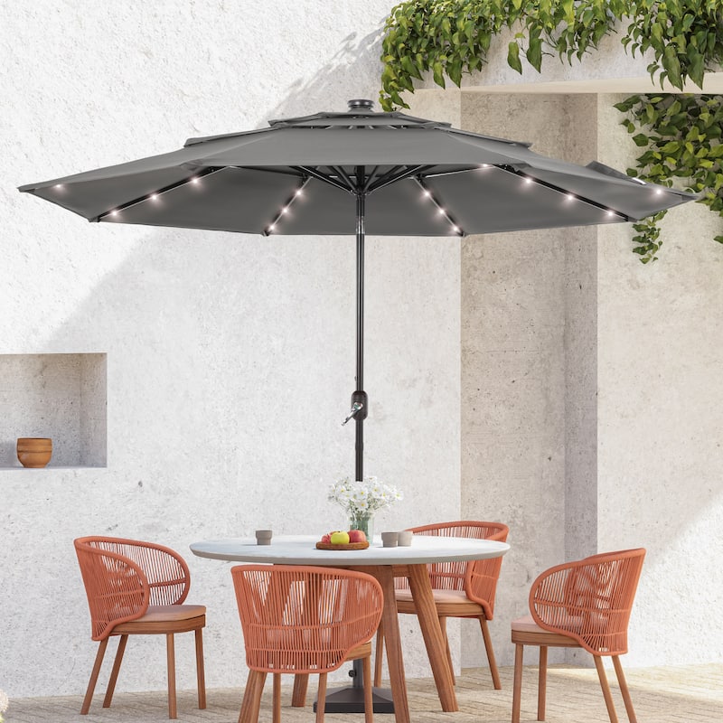 BONOSUKI 3 Tiers Patio Market Umbrella w/Solar Lights and Tilt button - Gray