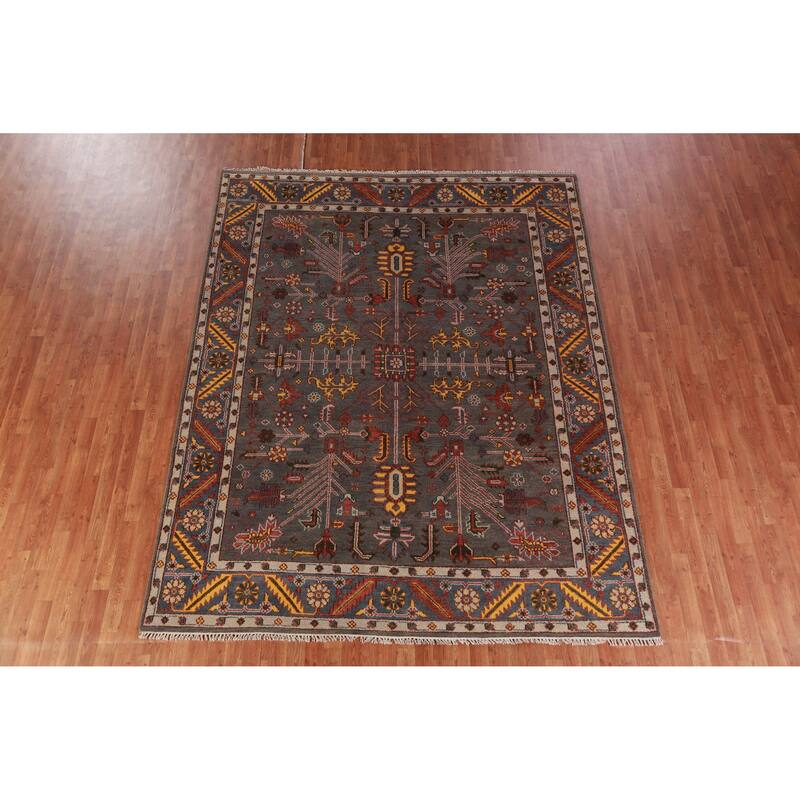 Hand Knotted Oriental 100% Wool Carpet Traditional Geometric Greys & Charcoal Heriz (serapi) Area Rug - 9' 10'' X 7' 11''