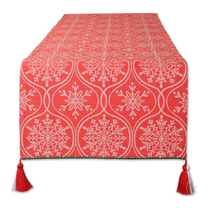 Ogee Snowflakes Cotton Christmas Table Runner with Tassels - 108" - Red and White
